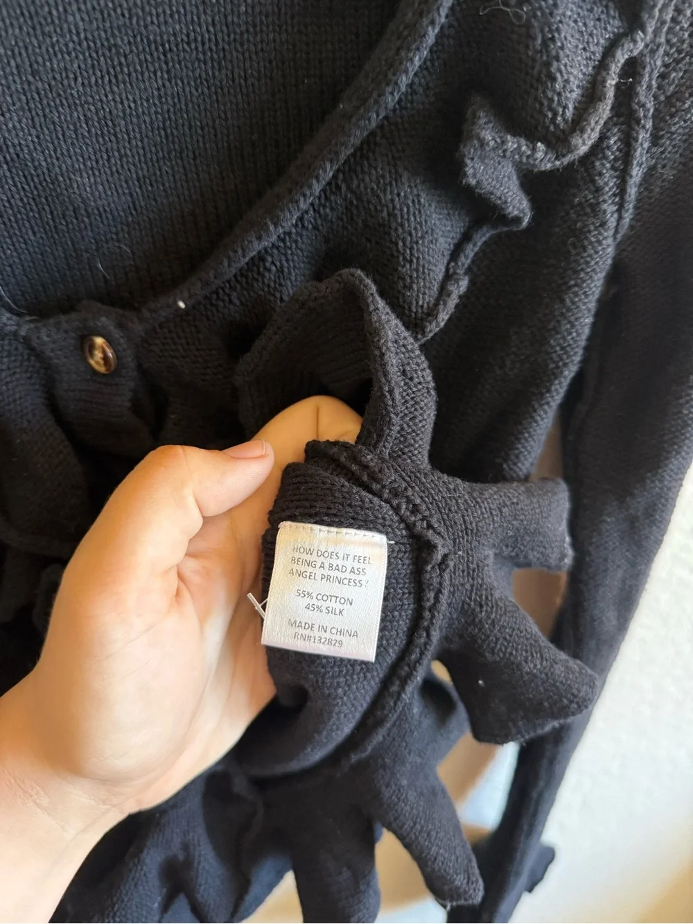 LPA Black Ruffle Sweater Cardigan Cotton and Silk Blend Button Front Size Small - Picture 6 of 8